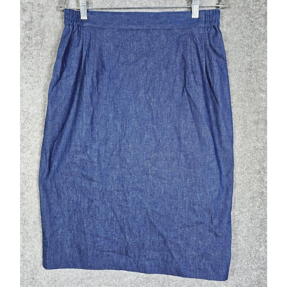 Vintage‎ Roni Blanshay Blue Denim Midi Skirt Womens Sz 14 Side Elastic Back Vent